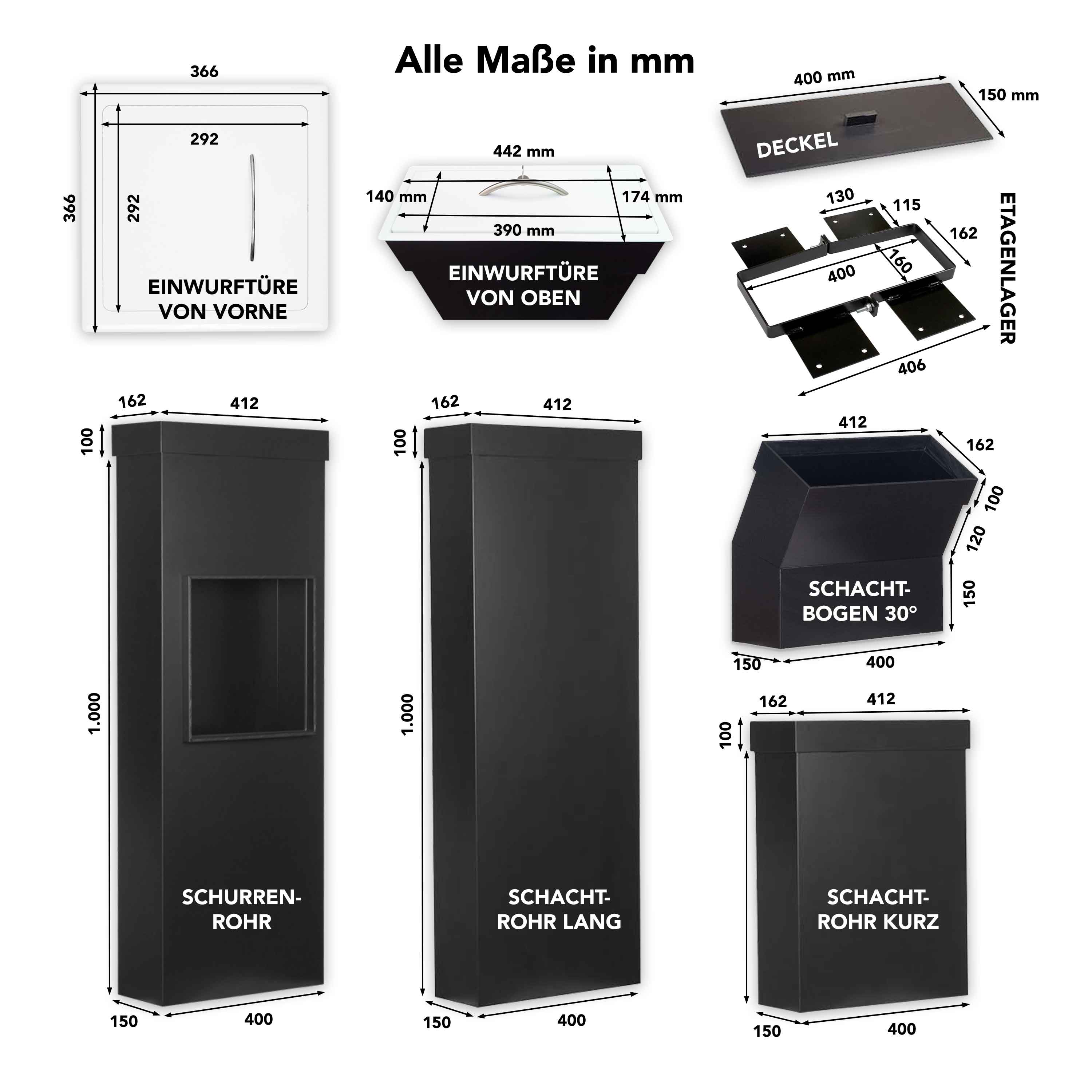 Flachkanal-Set 3 - durch zwei Geschossdecken, mit zwei Einwürfe von VORNE